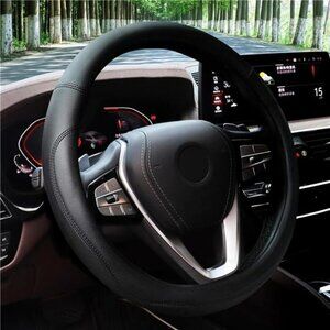 Black Leather Steering Wheel Cover Universal Fit 14.5-15 Inch Anti Slip Durable